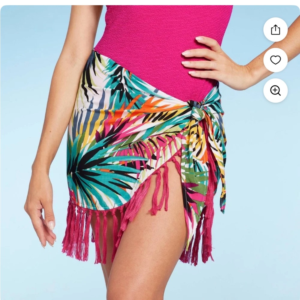Shade & Shore Multicolor Tropical Sarong with Pink Fringe